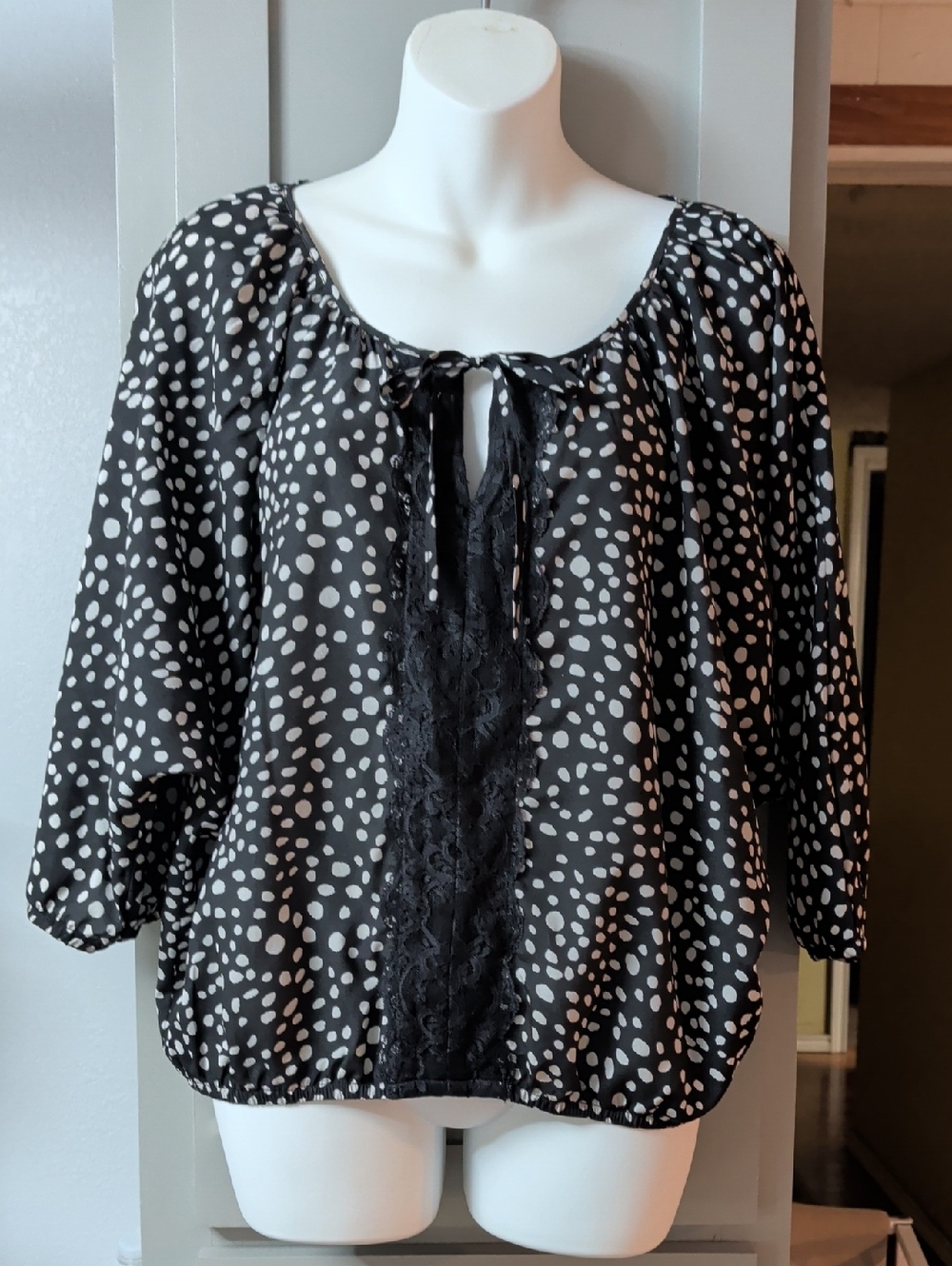 Express Black Polka Dot Peasant Blouse with Lace Trim